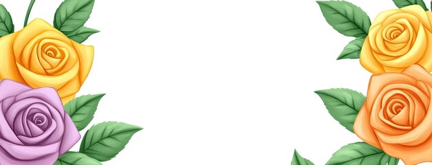 Delicate watercolor floral frame featuring soft pink, yellow, and purple roses, perfect for adding personal text and messages