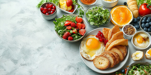 Colorful breakfast spread on a marble table banner