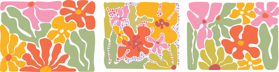 Groovy abstract flower art set. Organic doodle shapes in trendy naive retro hippie 60s 70s style. Contemporary poster and background. Floral botanic vector illustration in pink, yellow, green, colors.