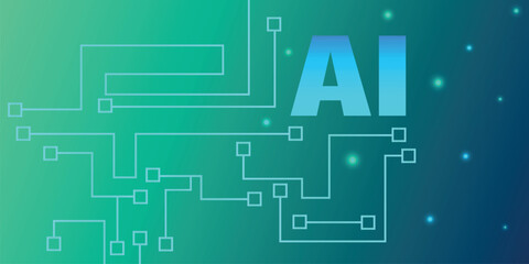 Technology AI circuit banner. Digital abstract tech background, big data, blue futuristic motherboard, green cyber lines. Innovation concept. Nano Vector illustration.