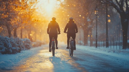 spouses commuting through the city talking,walking by bike on street middle aged city commuters traveling from work by bike afterlong workday.jpg