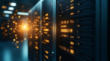 Data Center's Golden Glow: A server room hums with activity, bathed in the warm glow of countless servers, symbolizing the power and potential of modern technology.  
