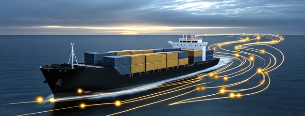 Fototapeta premium Cargo ship navigating the vast ocean, illuminated by dynamic data flows and digital connections at dusk