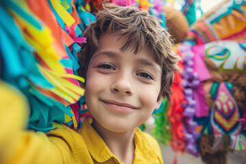 Fototapeta premium Spanish mexican traditional holiday with hitting colorful handmade pinata hanging toy, Generative AI