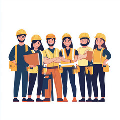 group of happy young student construction worker in safety gear, An illustration composed of simple minimalist aspects. The background is white 