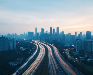 Fototapeta premium A stunning skyline view at dusk, featuring light trails on a busy highway, showcasing urban life and architecture.