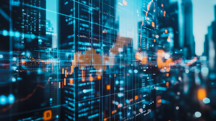 Obraz premium Abstract business team stands on the peak of success amid tall, innovative Smart city and graphs with statistics to analyze business potential and predict future developments in company growth.