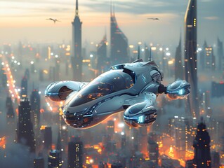 Futuristic hovercraft soaring over a vibrant neon cityscape at sunset