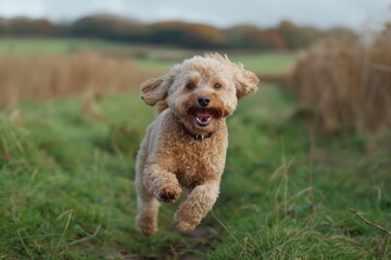 A dog runs freely through a lush green field of grass