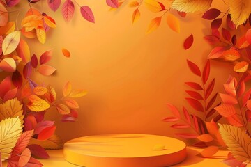 Autumn floral display podium mockup with red and yellow leaves, vector illustration for product ads
