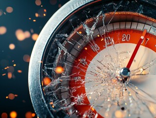 Close-up of a cracked gauge with an orange dial, depicting tension and urgency against a blurred fiery background.