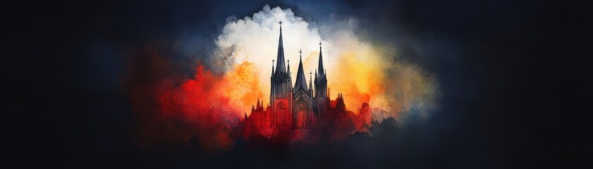Fototapeta premium Majestic Gothic Cathedral in Watercolor Style under a Stormy Sky with Towering Spires