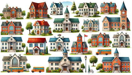 Obraz premium Watercolor clip art of various school buildings on a white background