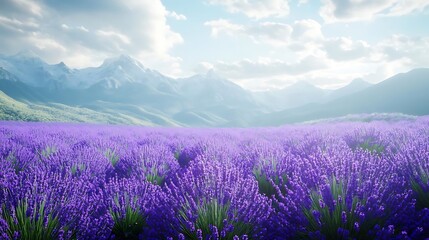 Lavender Field with Mountain Background - Realistic Image