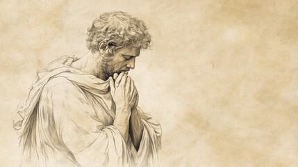 Biblical Illustration of David in Seclusion with Hand Over Heart, Praying Earnestly for Protection Against Secret Plots of the Wicked, Psalms 64 Theme