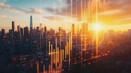 Abstract business team stands on the peak of success amid tall, innovative Smart city and graphs with statistics to analyze business potential and predict future developments in company growth.