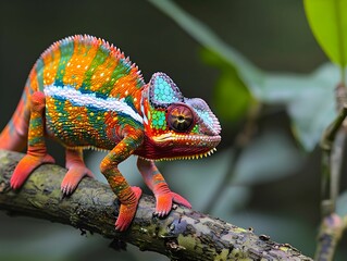 Colorful chameleon perched on a branch in tropical rainforest during daylight