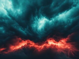 Fototapeta premium Dynamic storm clouds illuminated by vibrant red lightning, creating a dramatic and captivating sky view.