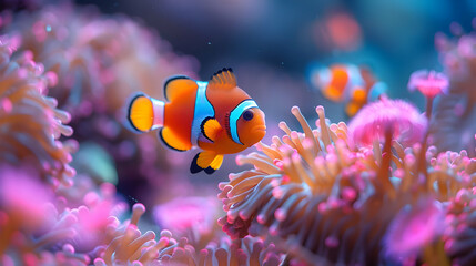 Clownfish in Pink and Purple Coral Reef - Realistic Underwater Photo