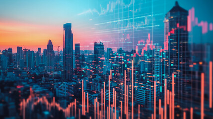 Abstract business team stands on the peak of success amid tall, innovative Smart city and graphs with statistics to analyze business potential and predict future developments in company growth.