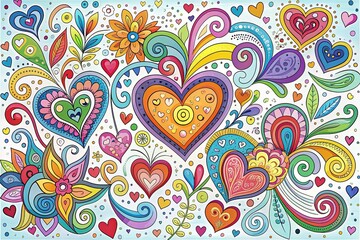 Naklejka premium Whimsical hand-drawn doodle design features colorful hearts, swirls, and patterns on a bright white background, conveying playfulness, creativity, and joyful romantic emotions.