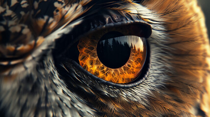 lose-up of an owl's eye with a bright yellow iris and a dark pupil