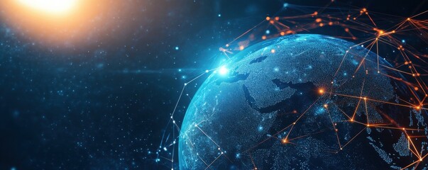 Digital connection on a dark blue background showcasing global network with glowing lines and data points
