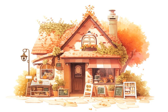 Step into an enchanted autumn with this adorable bakery illustration