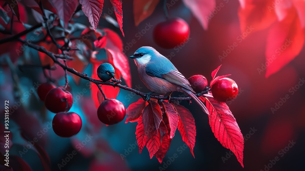 Poster  A blue bird perches on a tree branch adorned with red leaves Cherries dangle from other branches nearby