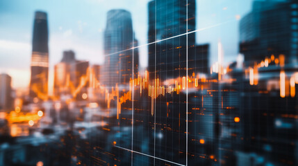 Naklejka premium Abstract business team stands on the peak of success amid tall, innovative Smart city and graphs with statistics to analyze business potential and predict future developments in company growth.