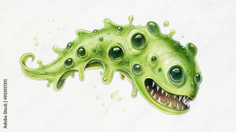 Poster open-mouthed and wide-eyed, adorned with water droplets on its body