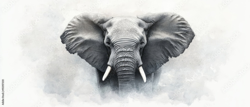 Wall mural  A monochrome image of an elephant's head with tusks and one small tusk on each ear