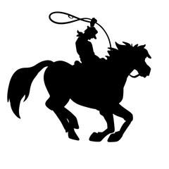 Vector Art Cartoon Silhouette of a Cowboy on a Horse Holding a Lasso