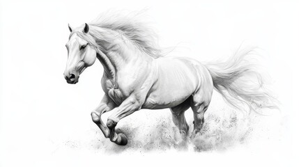  A white horse gallops through a field of grass, its mane and tail streaming in the wind