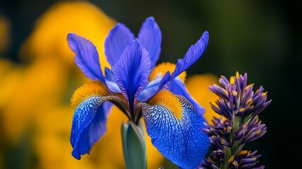  A tight shot of a single blue bloom against a backdrop of overlapping yellow and purple flowers The foreground features a soft focus of additional yellow and purple blossoms