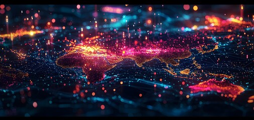 A Stunning Visualization of Global Connectivity and Data Flow Across Continents in Vibrant Colors and Lights