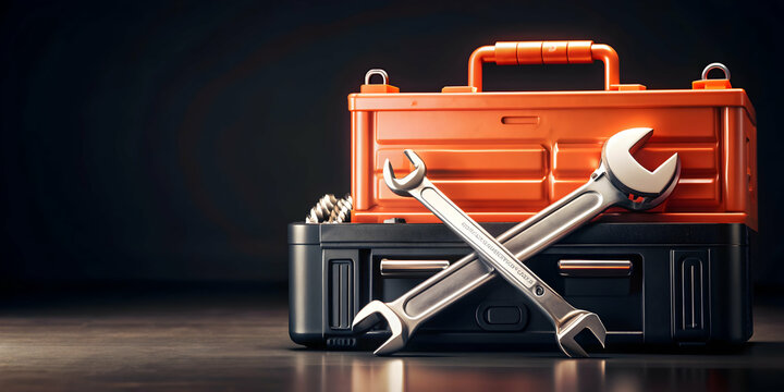 3d Flat icon as Toolbox and a wrench symbolizing tools and fixing with ample space for text. concept as A toolbox and a wrench representing the fundamentals of tools and fixing with room for writing. 