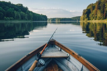 Obraz premium Wooden boat with fishing rod on lake. Fishing concept