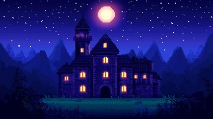 Naklejka premium Retro pixel art landscape of a castle under the stars, with glowing windows and a pixelated moon overhead