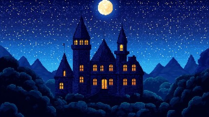 Retro pixel art landscape of a castle under the stars, with glowing windows and a pixelated moon overhead