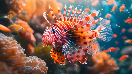 Red and White Striped Lionfish in Coral Reef Illustration