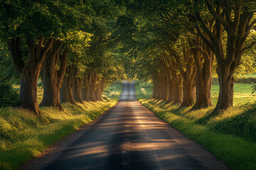 Obraz premium A picturesque village road lined with tall trees, their leaves rustling gently in the summer breeze,