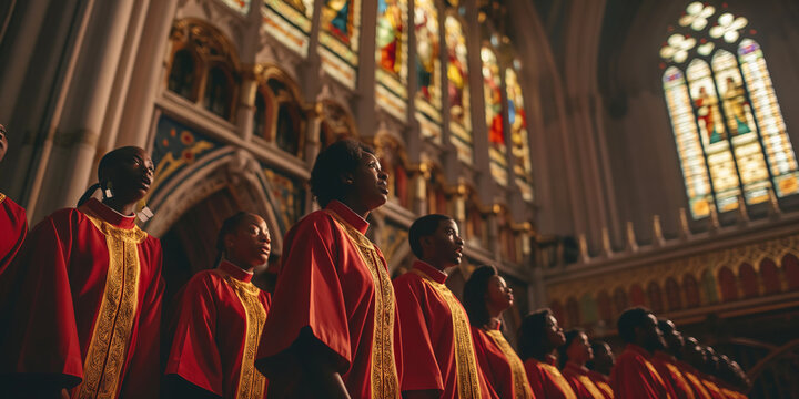 Gospel choir group singing in identical tunics in a church. Christian gospel singers praising Lord Jesus Christ in the church choir.