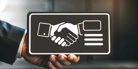 3d Flat icon as Warranty card and a hand shake symbolizing trust and agreement with ample space for text. concept as A warranty card and a handshake representing trust and agreement with blank space f