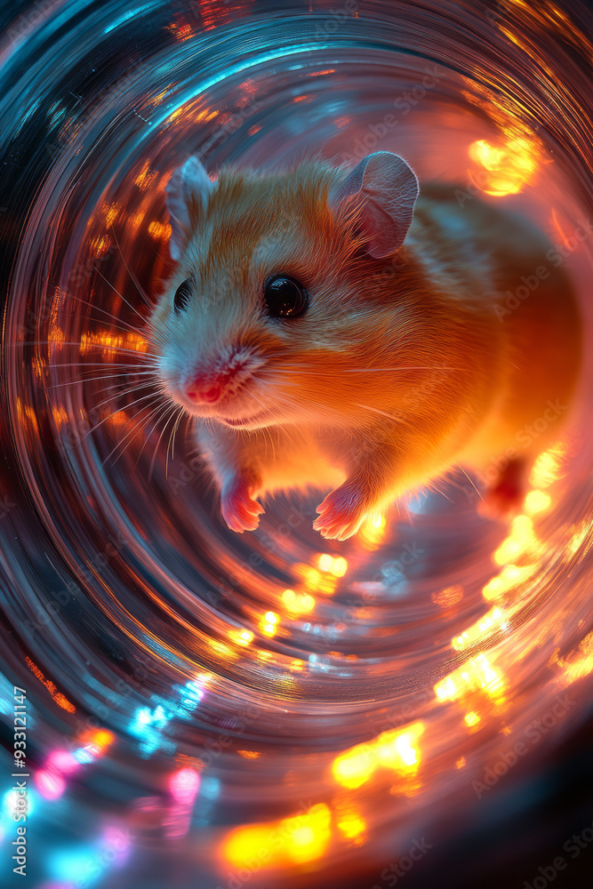 Poster a hamster running in a glowing, high-tech exercise wheel, generating colorful lights with each step,