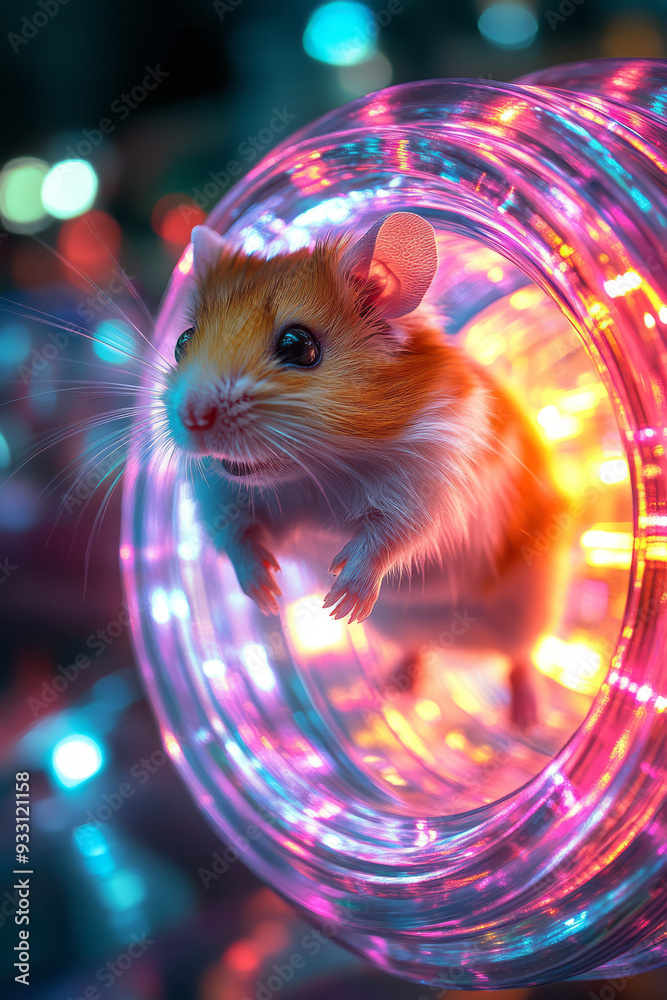 Poster a hamster running in a glowing, high-tech exercise wheel, generating colorful lights with each step,