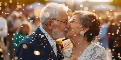 Lovely senior couple renewing their vows at their wedding day. Elderly married couple kissing on a backdrop of confetti and their guests.