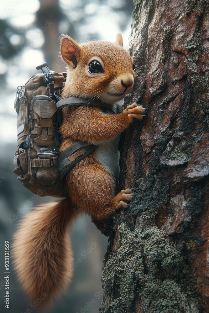 Poster a squirrel with a tiny backpack full of gadgets, climbing a digitally-enhanced tree,