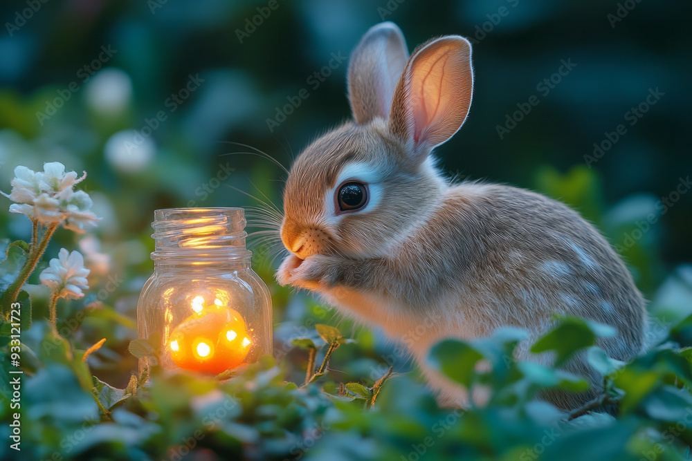 Poster A rabbit nibbling on a smart carrot that lights up in response to touch, creating a playful interaction,