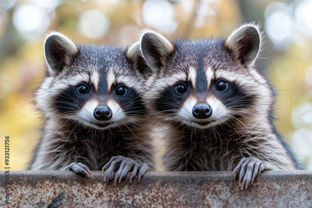 Poster a family of raccoons exploring a smart trash bin that lights up and makes sounds as they investigate